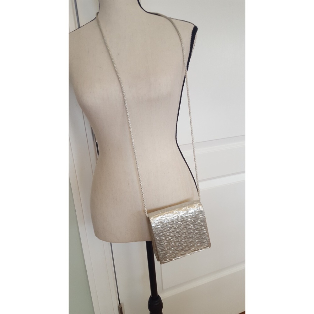 Vintage‎ Silver Metallic Textured Crossbody Mini Bag Braided Strap Evening Purse